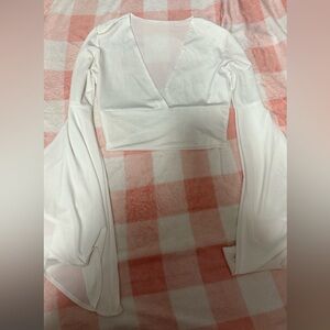 White Vneck Top with long fit/flare sleeves